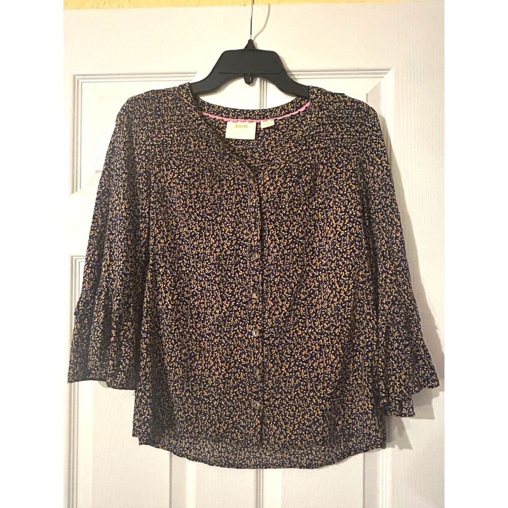 Maeve 3/4 Quarter Sleeve Button Up Shirt Blue With Multicolor Floral Pattern